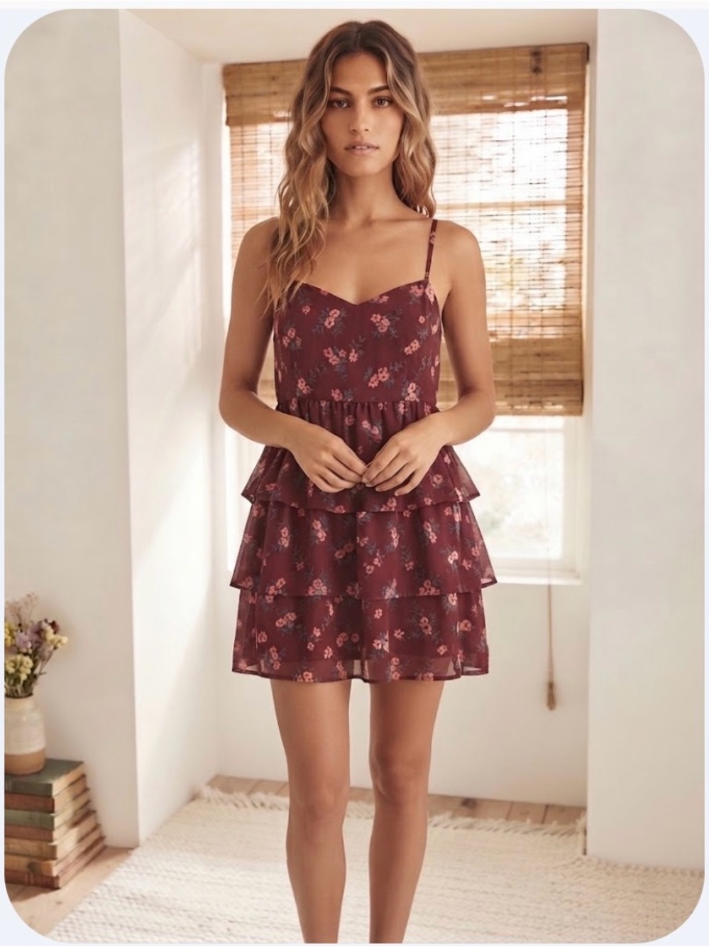 Altar'd State Burgundy Floral Tiered Mini Dress